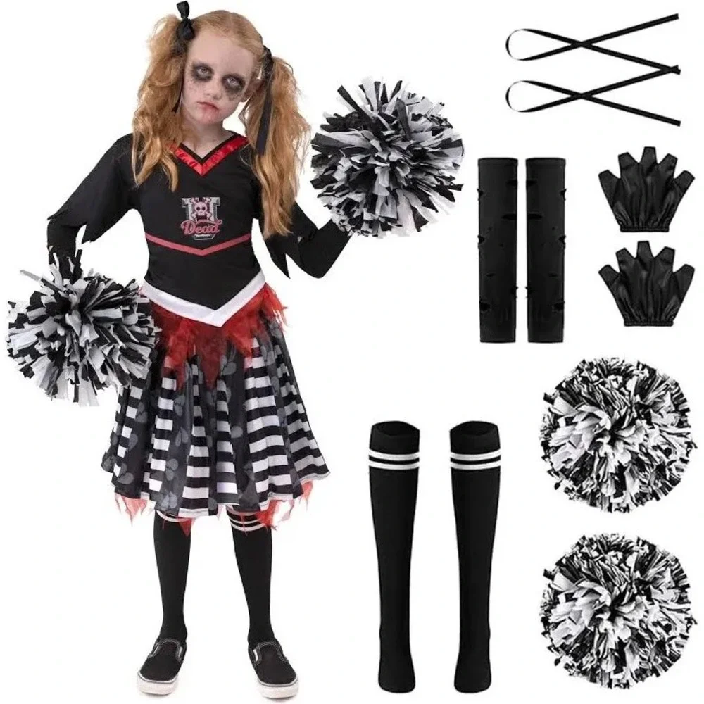 Zombie Cheerleader Costume Girls Size Small Black Red Spooky Halloween B3
